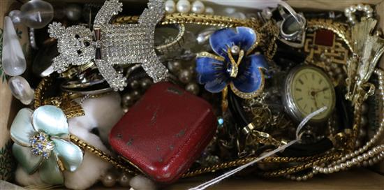 A small group of mainly costume jewellery including a silver fob watch.